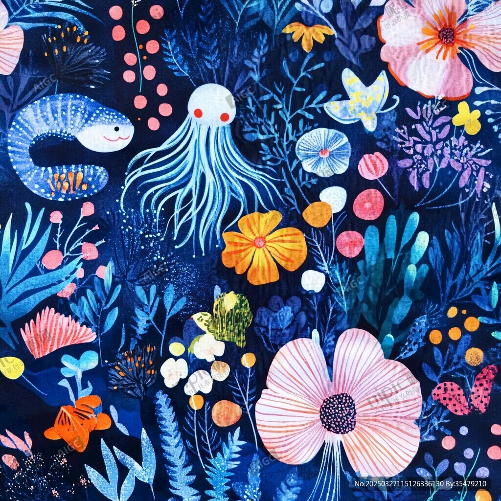 海洋花卉奇幻插画图案