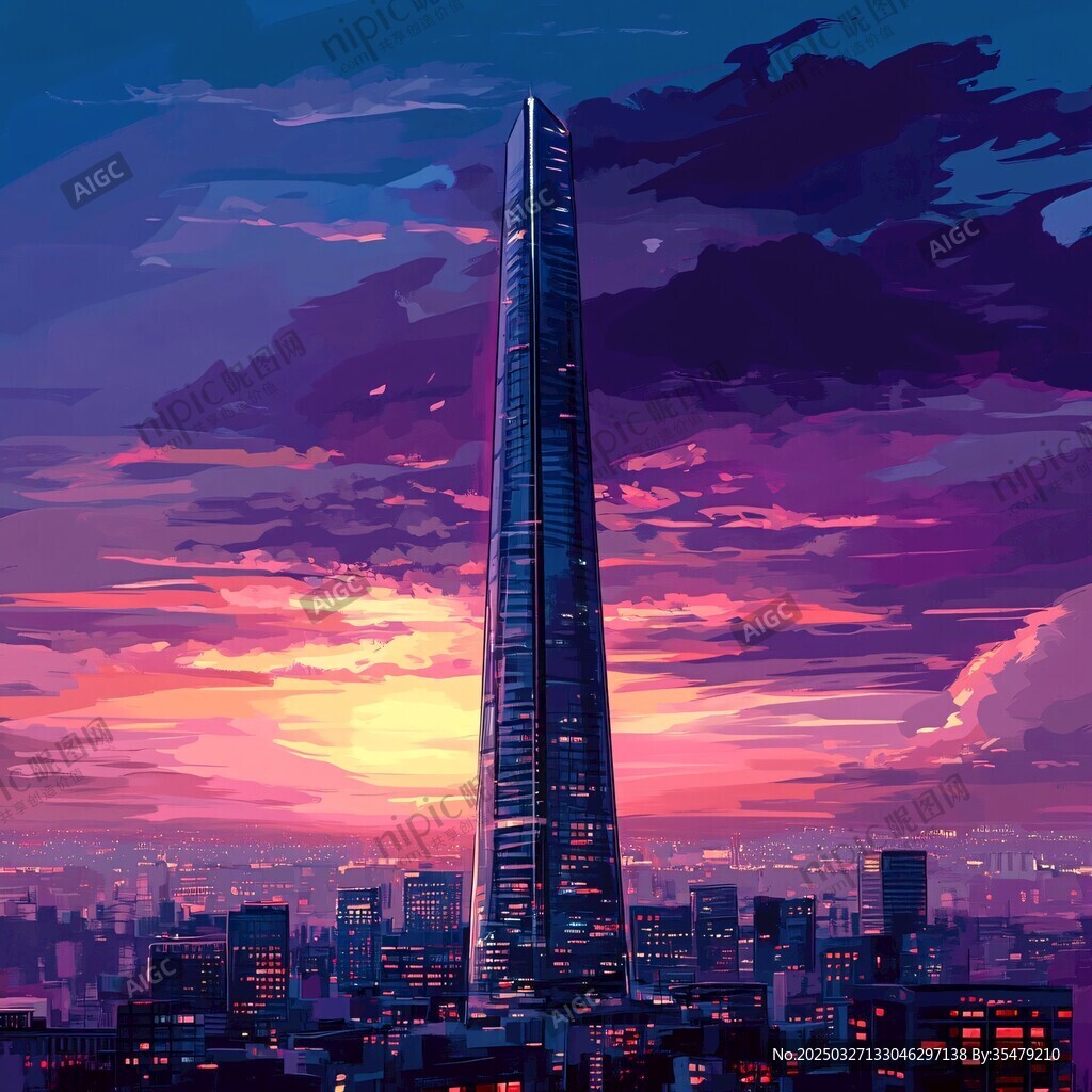 夕阳下的摩天大楼城市景观