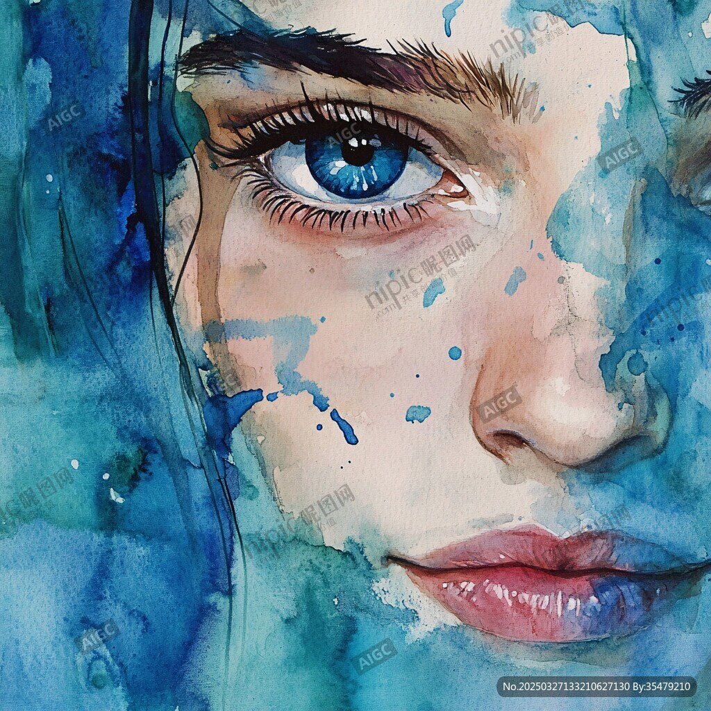 水彩绘就的梦幻蓝眸女子