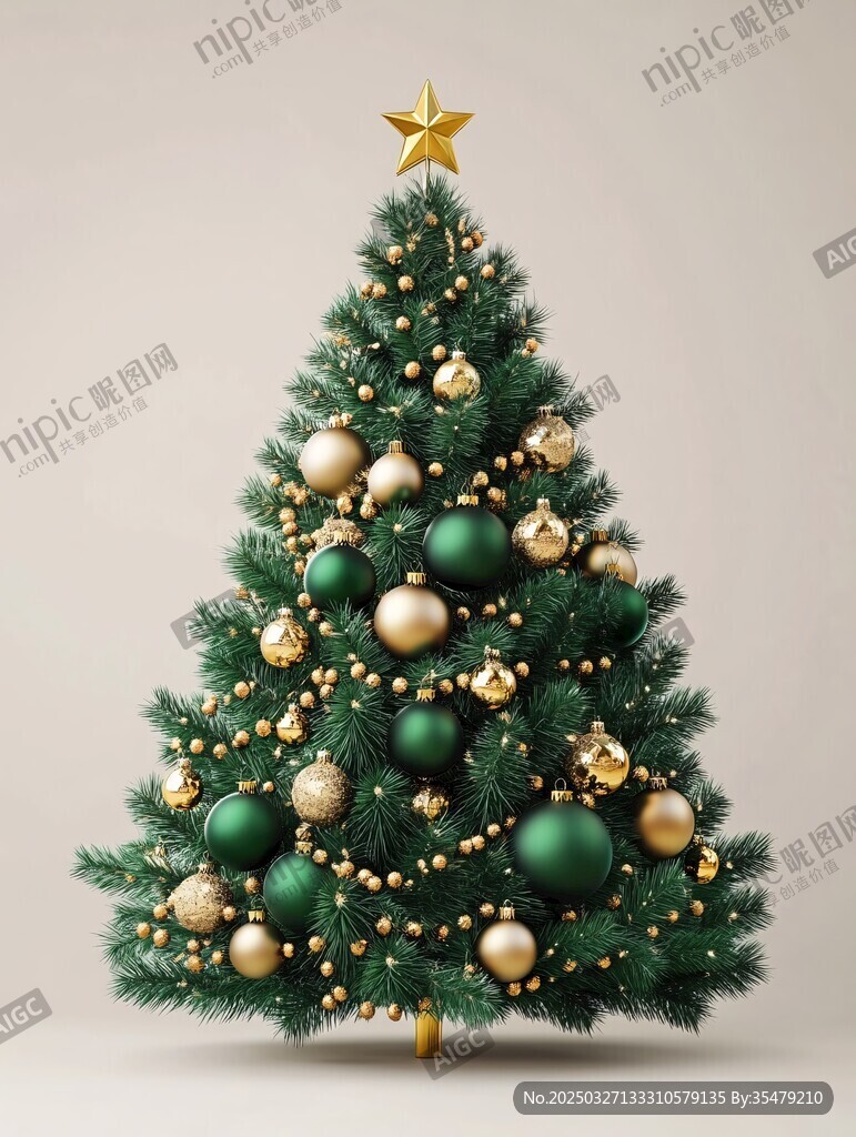 金色绿球装饰的圣诞树
