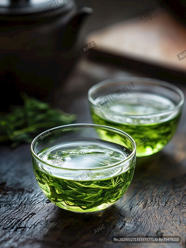 两杯绿茶静置于古朴木桌