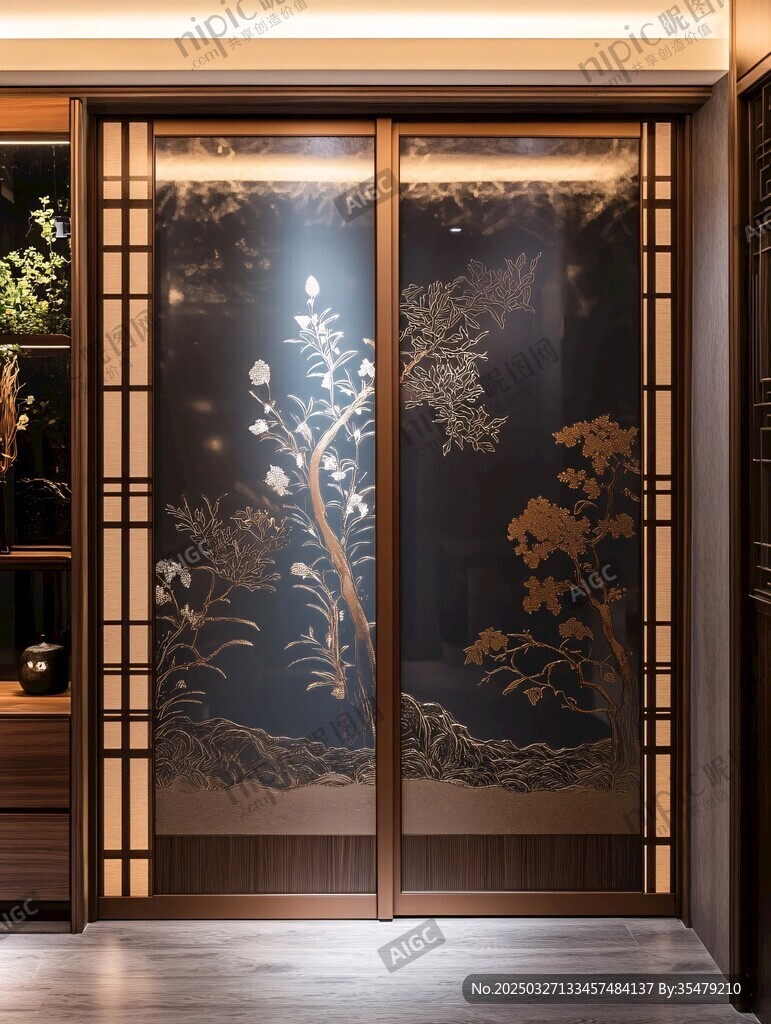 中式花鸟玻璃双开屏风门