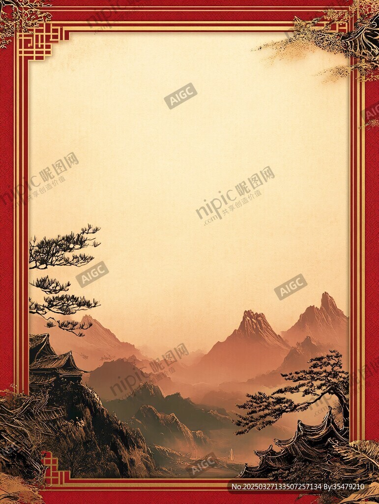 中式山水红框古典背景图