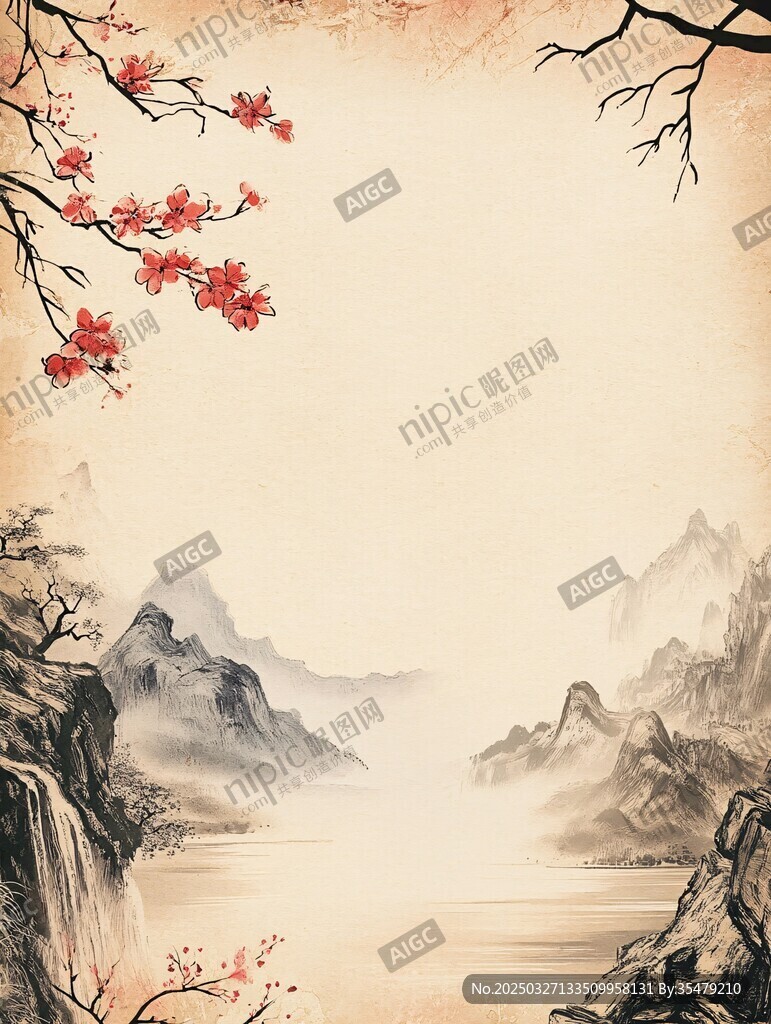 水墨山水间的红梅景致