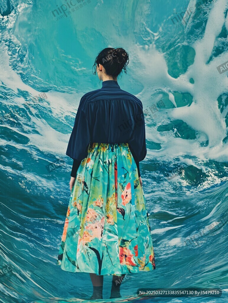 女子立于汹涌海浪之中