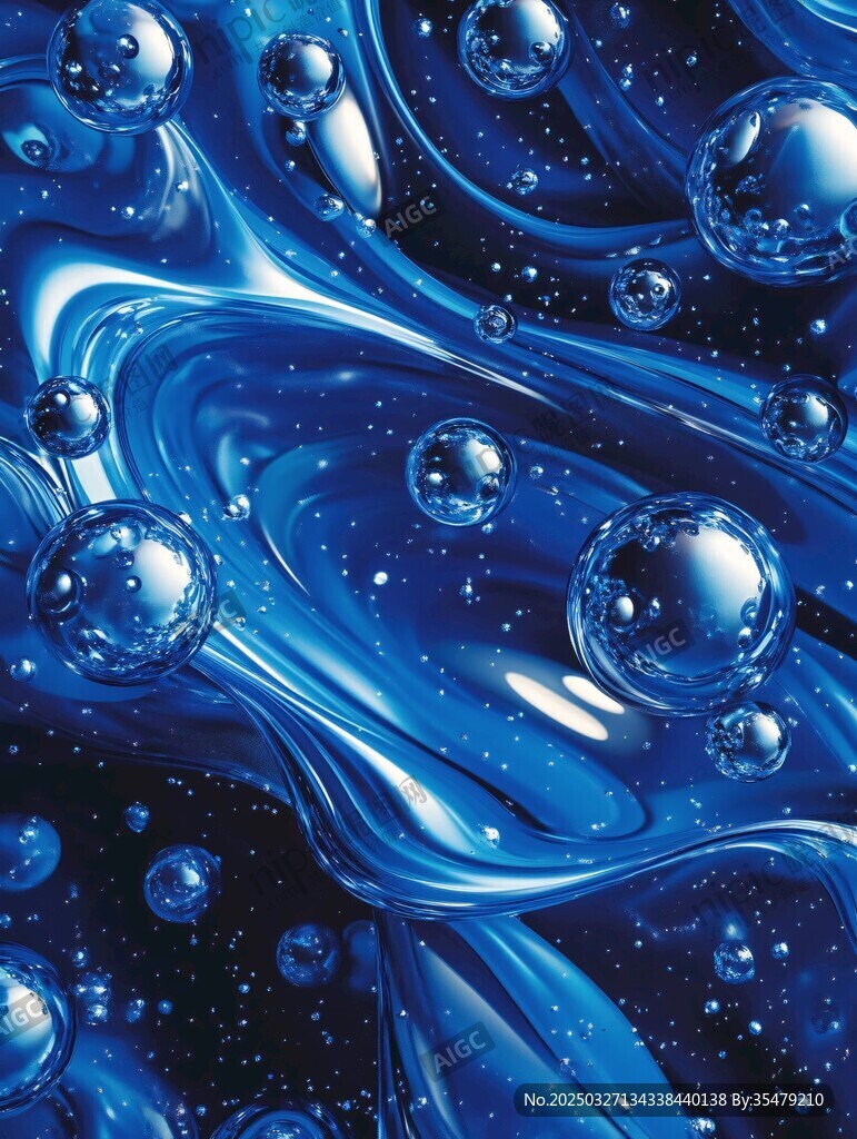 梦幻蓝色流体与气泡画面