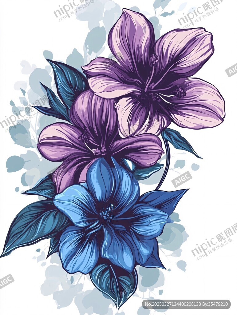 梦幻三色花卉插画