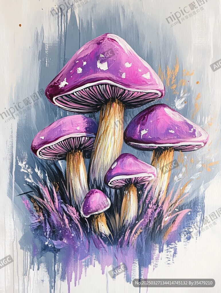 梦幻紫色蘑菇水彩插画