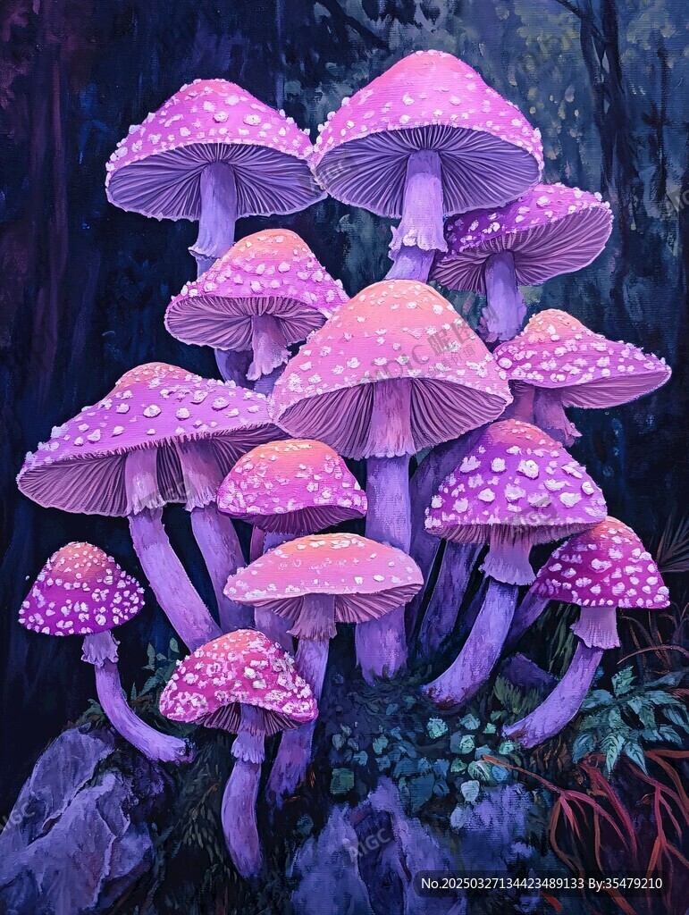 梦幻紫色蘑菇森林景象
