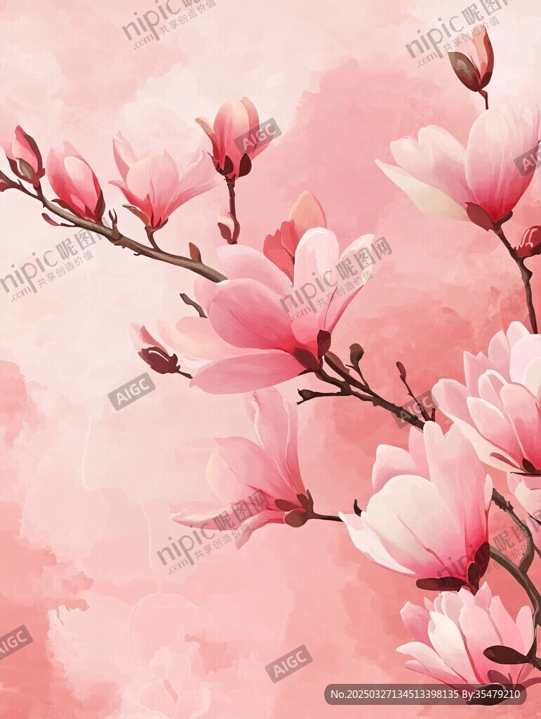 粉色玉兰花枝唯美插画