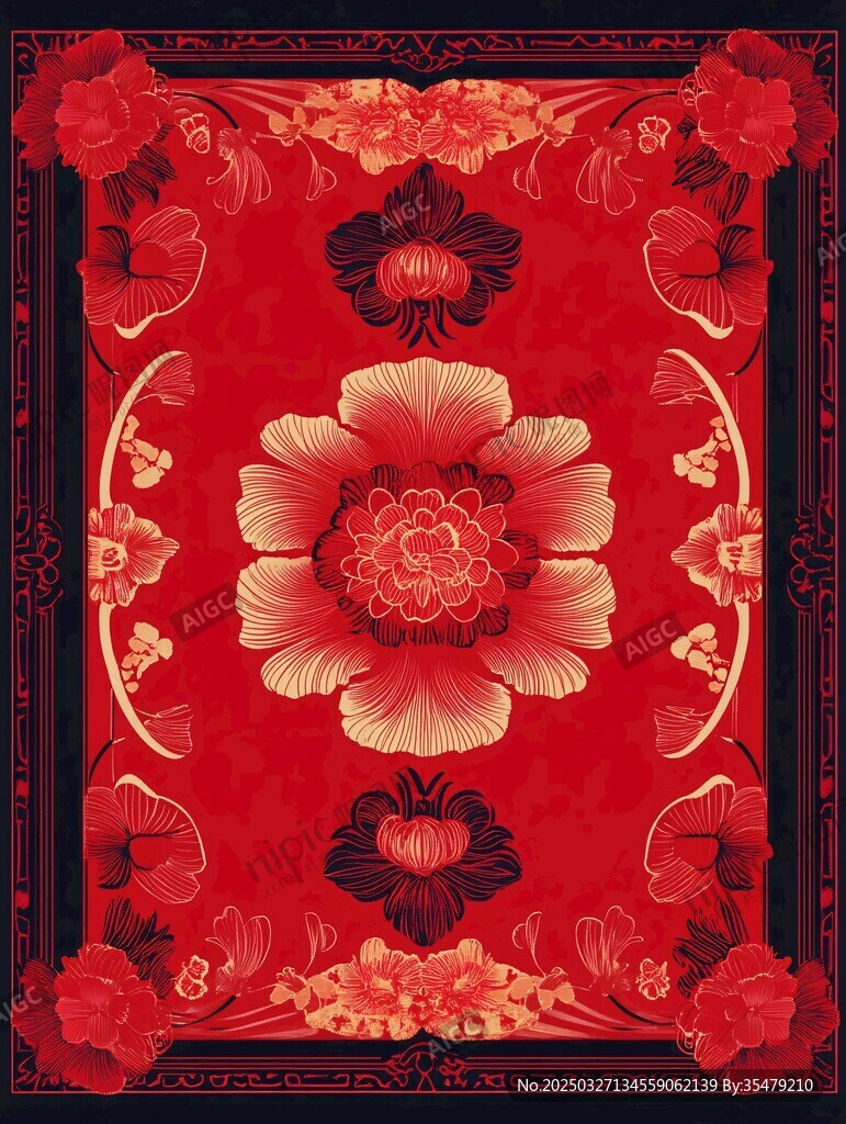中式红底繁花传统图案