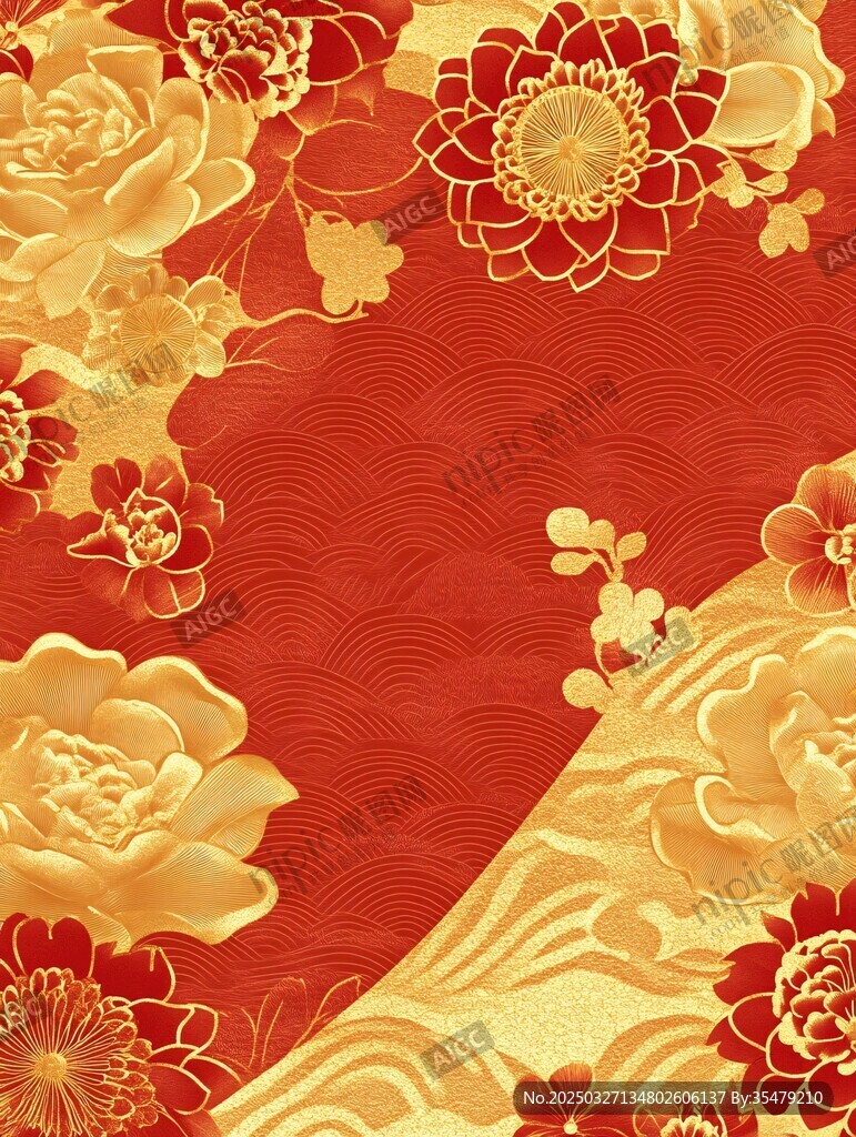 中式红金花卉纹理背景图