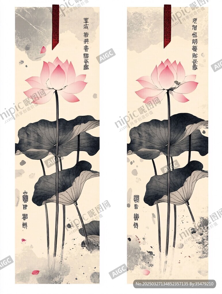 水墨荷花古风书签插画