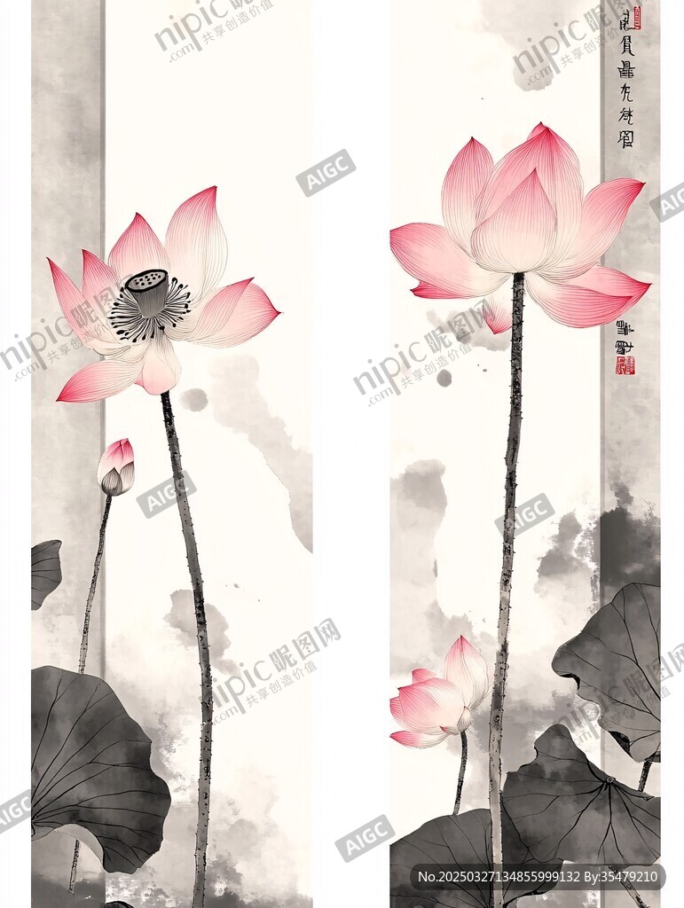 水墨荷花双幅艺术画作
