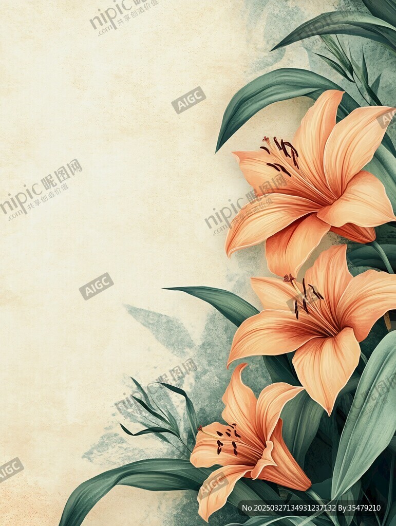 橙色百合与绿叶装饰画