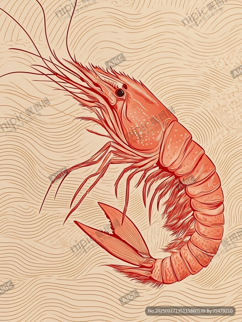 手绘红色大虾插画图案