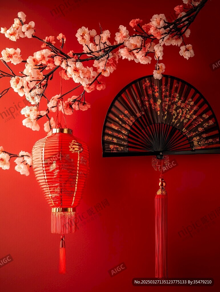 中式新春装饰 花扇灯笼相映
