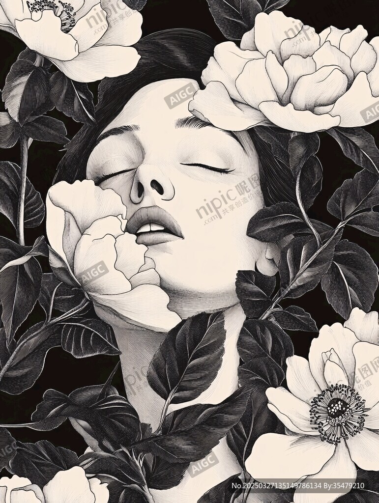 花中沉睡的静谧女子