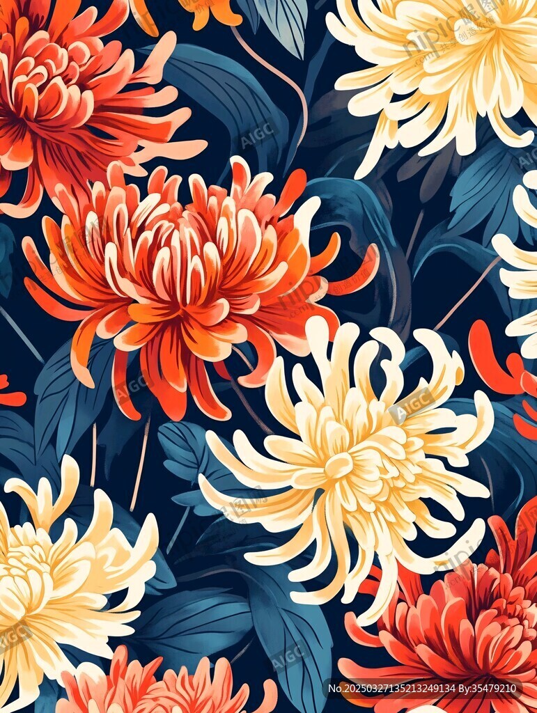 复古风菊花花卉图案设计