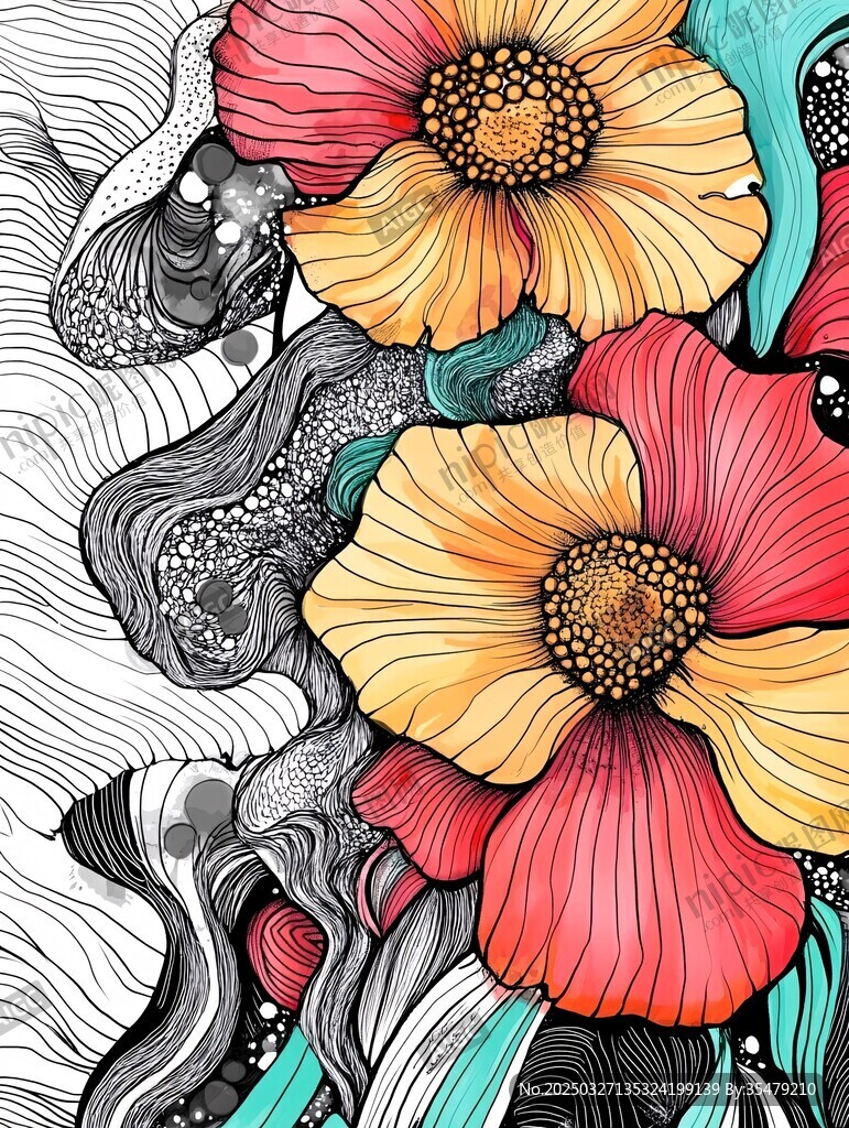 多彩花卉抽象线条插画