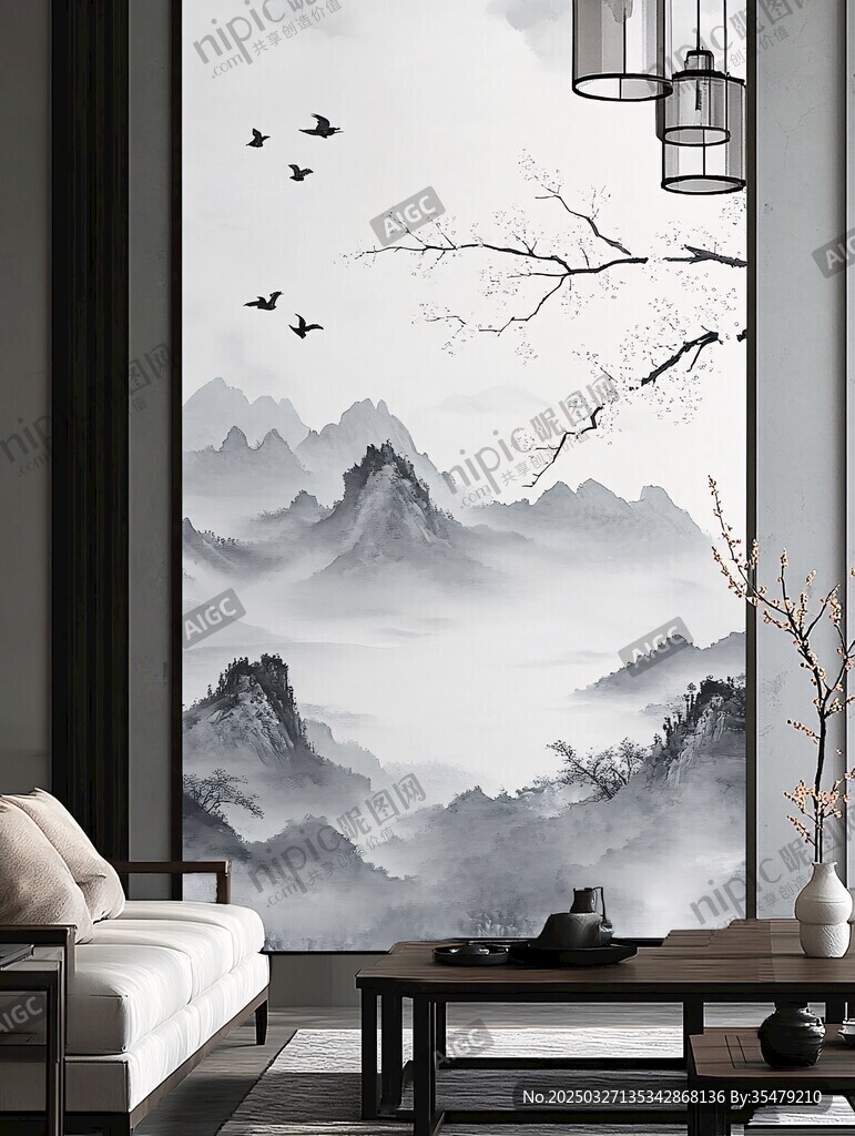 中式客厅水墨山水背景墙