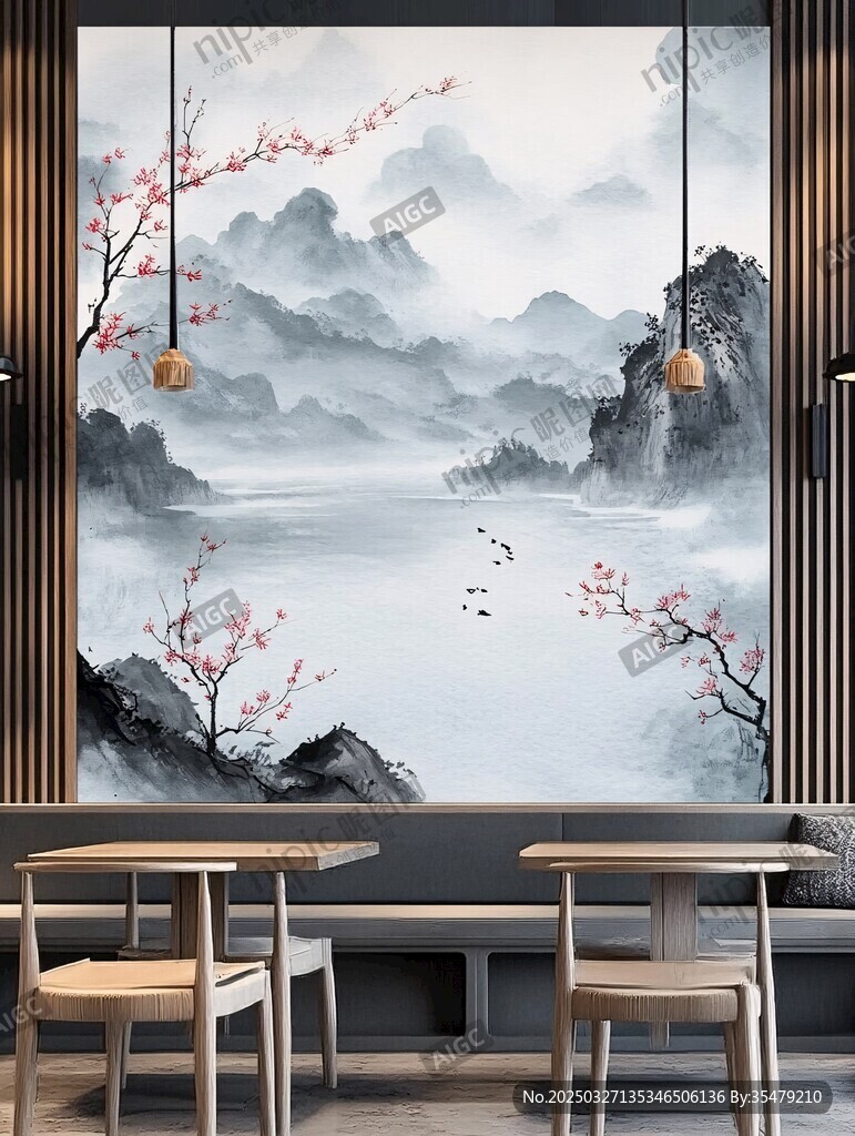 中式山水茶室意境壁画