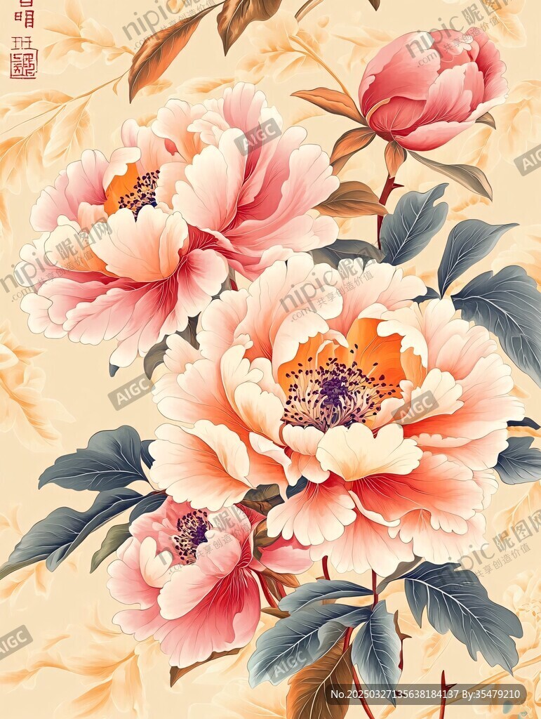 国色牡丹花卉艺术插画