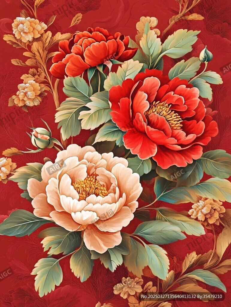国色牡丹花卉插画图