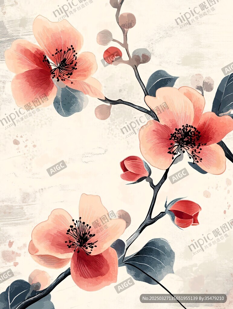 水墨风娇艳花卉插画
