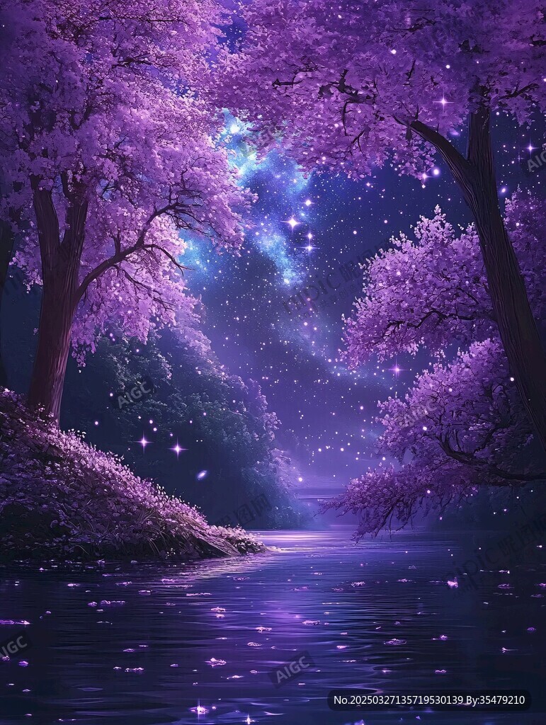 梦幻紫林星空下的静谧湖景
