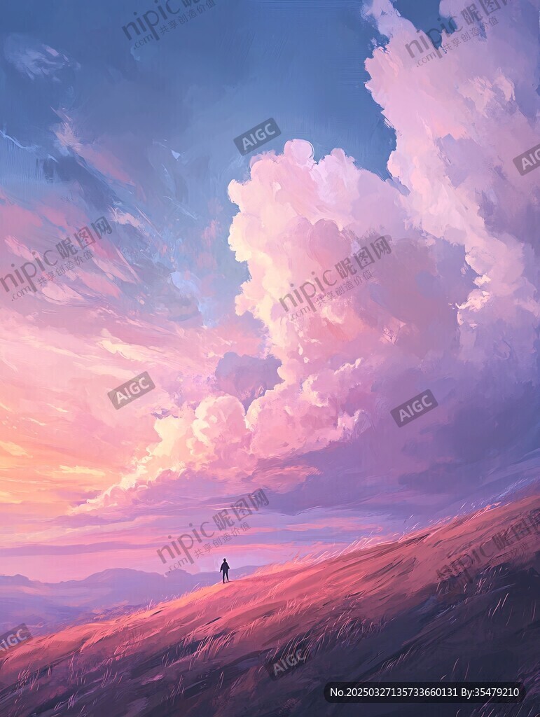 夕阳下漫步山丘的孤独身影