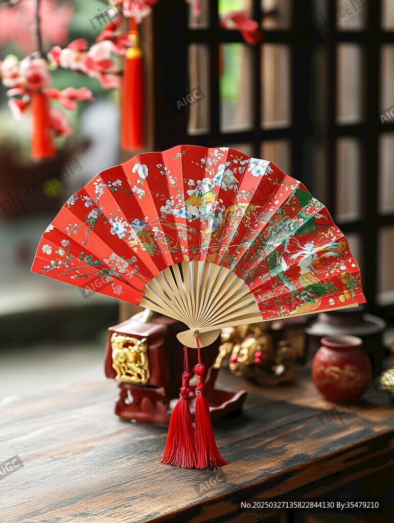 中式古风红色花鸟折扇摆件