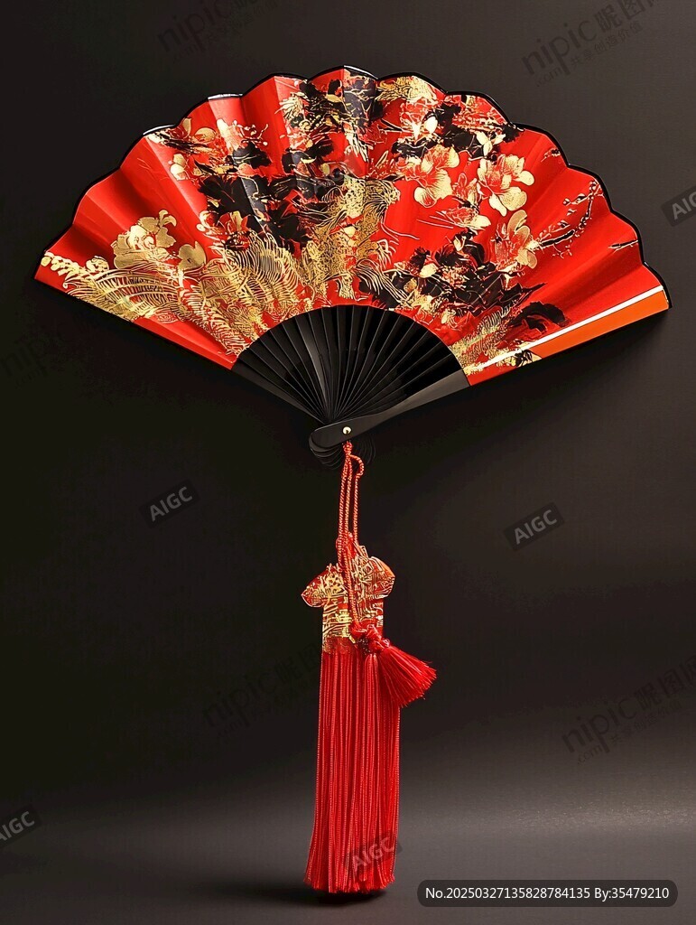 古典红金折扇 精致流苏美