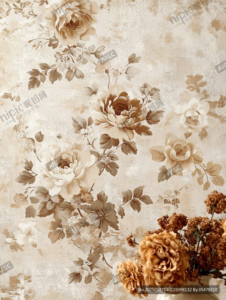 复古花卉墙纸与插花摆件