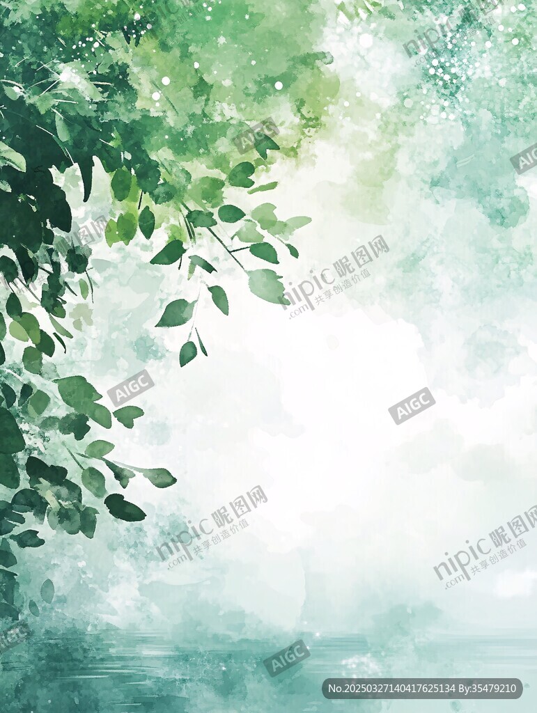 清新绿意水彩树叶背景图