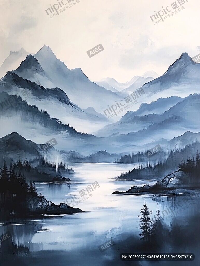 水墨山水间的静谧湖景