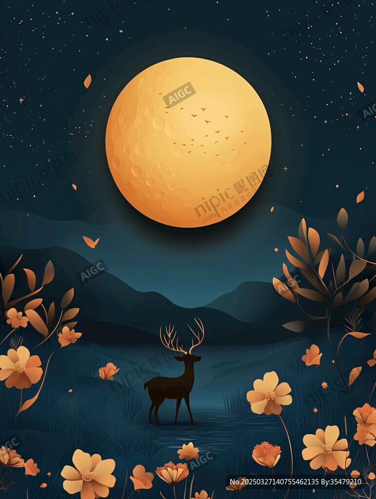 月夜下的鹿与烂漫花丛