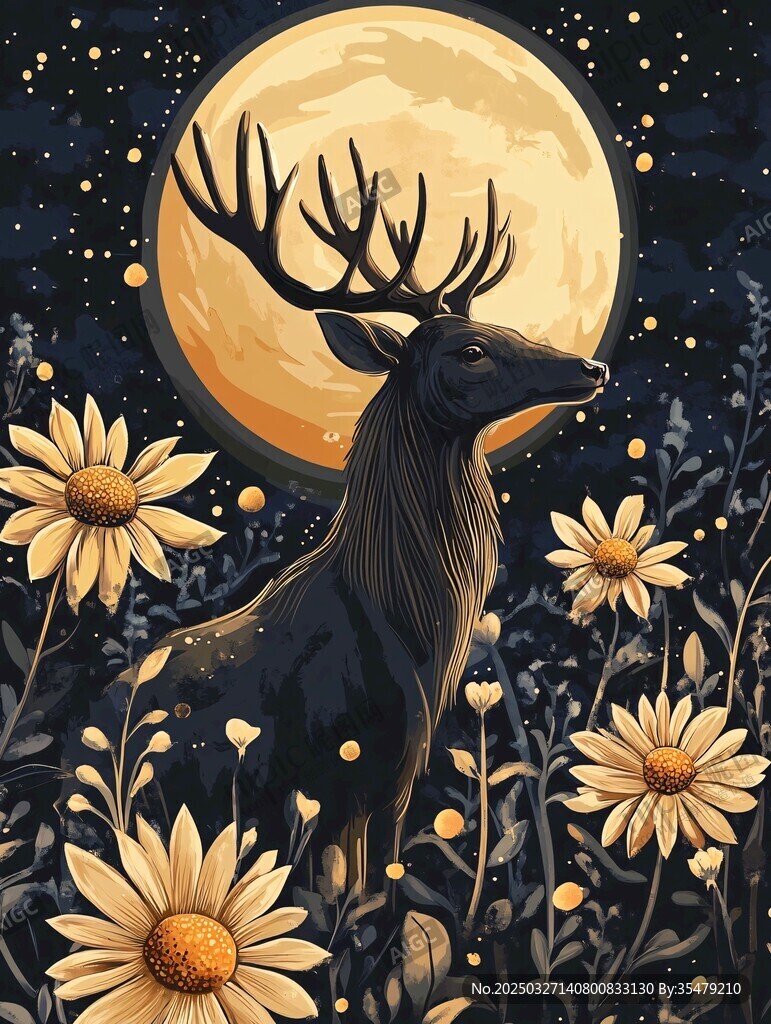 月夜下的麋鹿与灿烂花朵