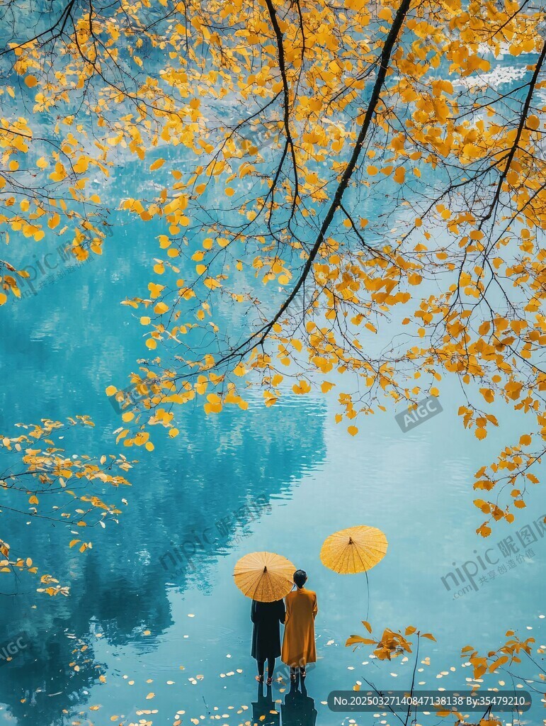 秋景中撑伞漫步的两人