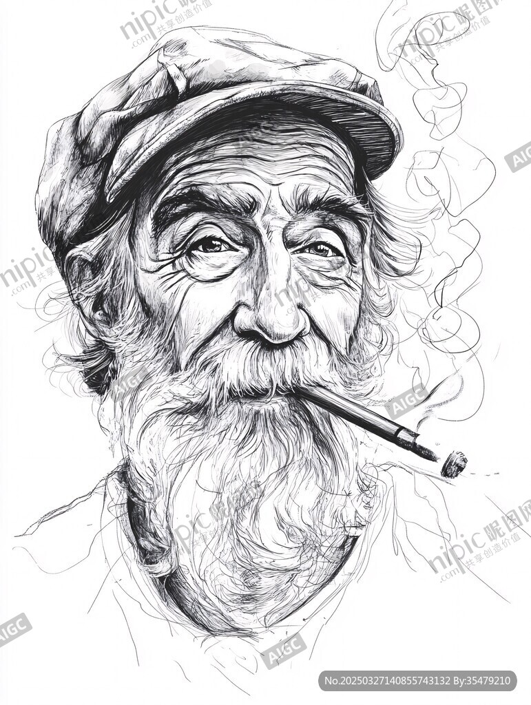 抽烟的沧桑老者素描