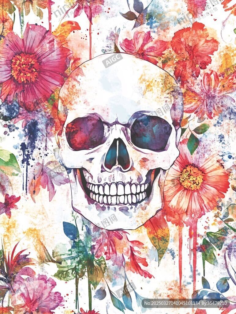 骷髅与花卉的奇幻水彩画
