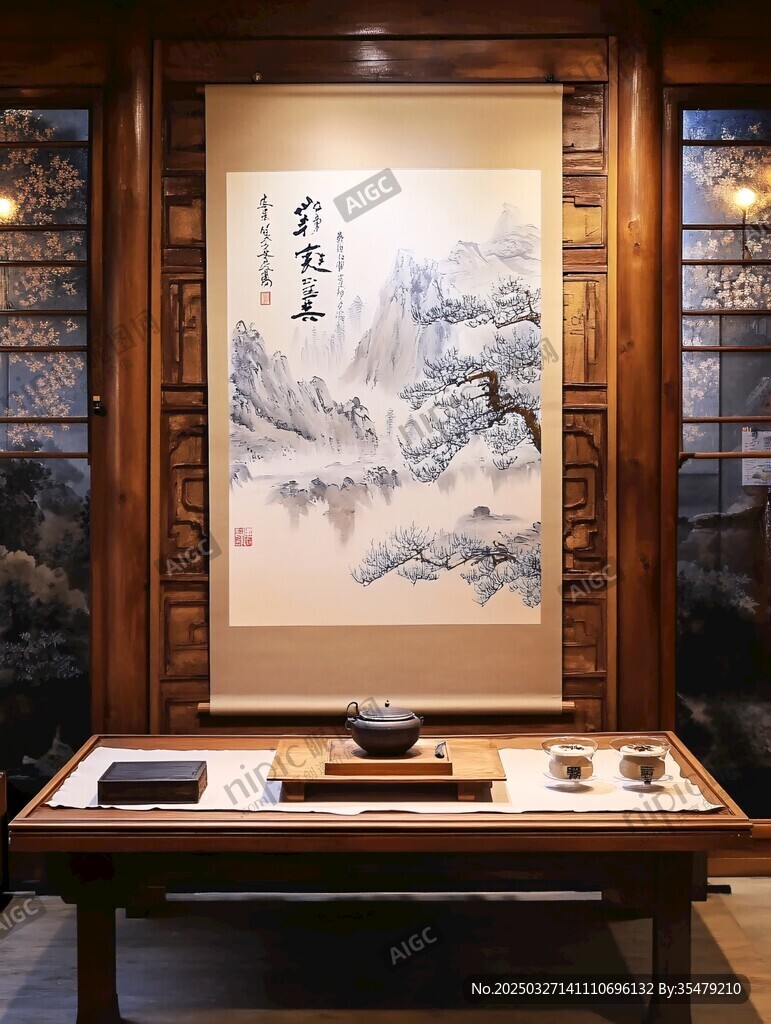 中式茶室 山水墨画与茶具