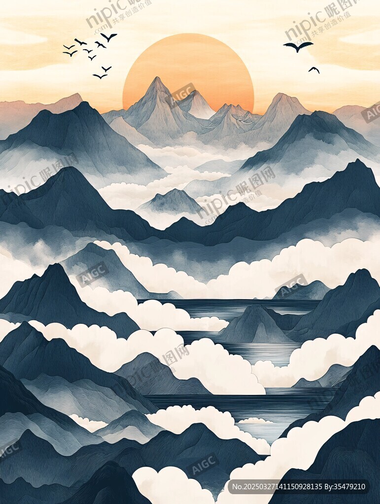落日群山飞鸟云海画卷