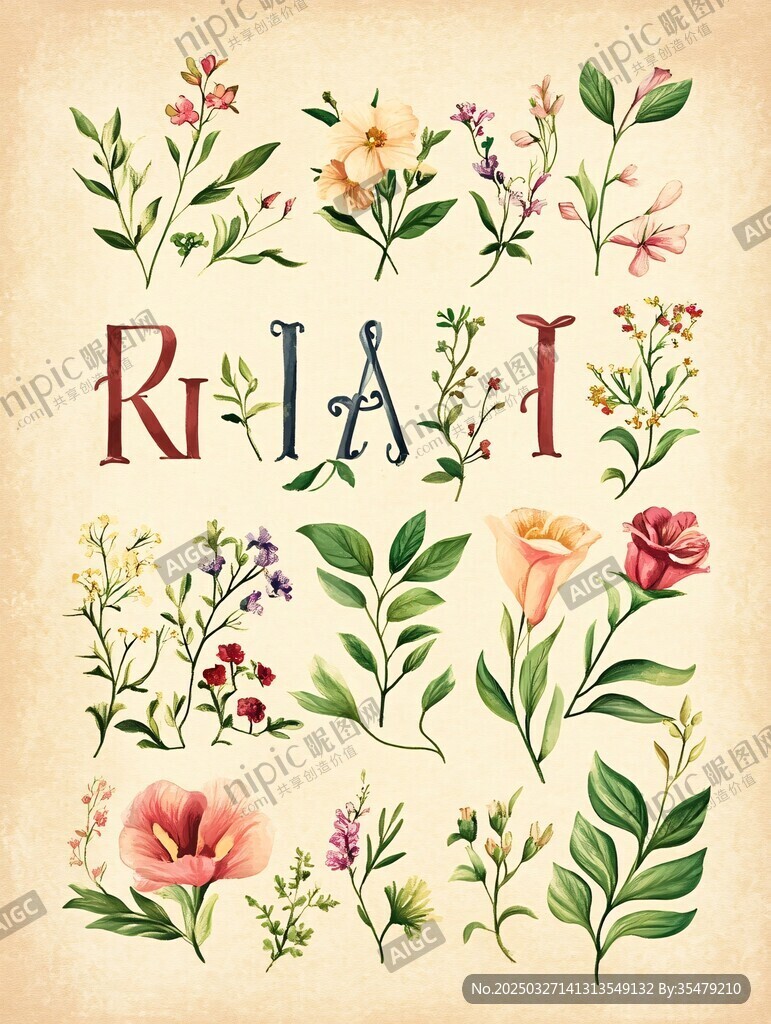 复古风花卉字母插画元素