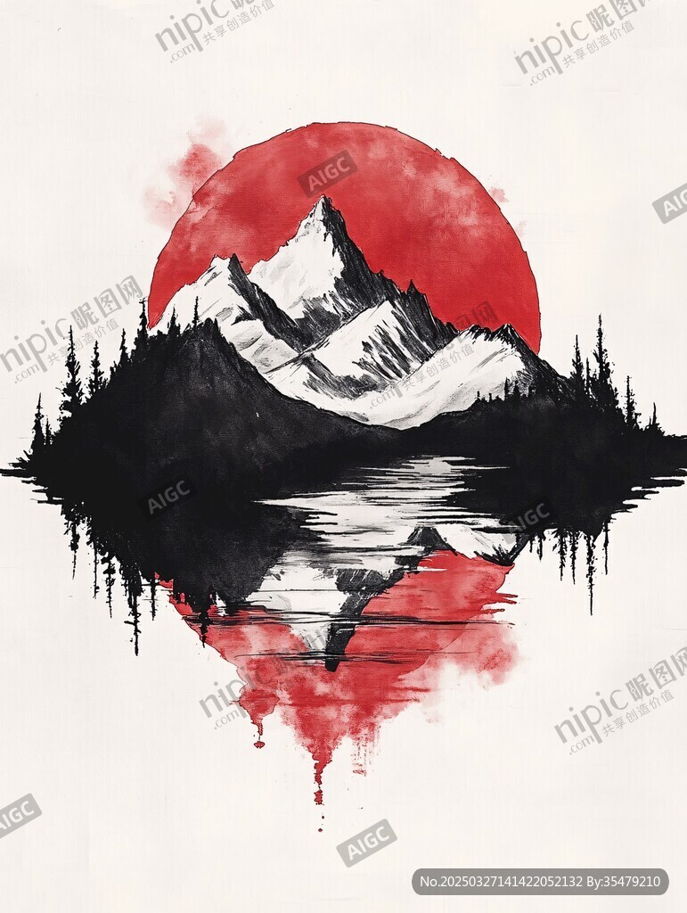 红日映山景 水墨山水意境