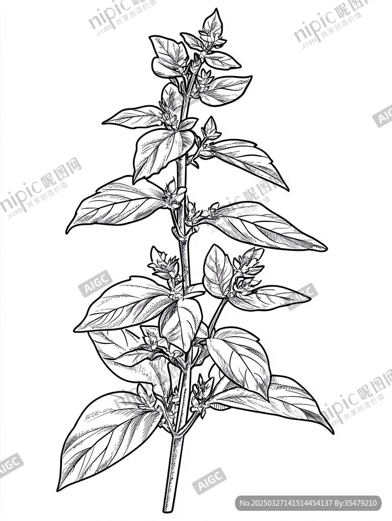 罗勒植物手绘线条图