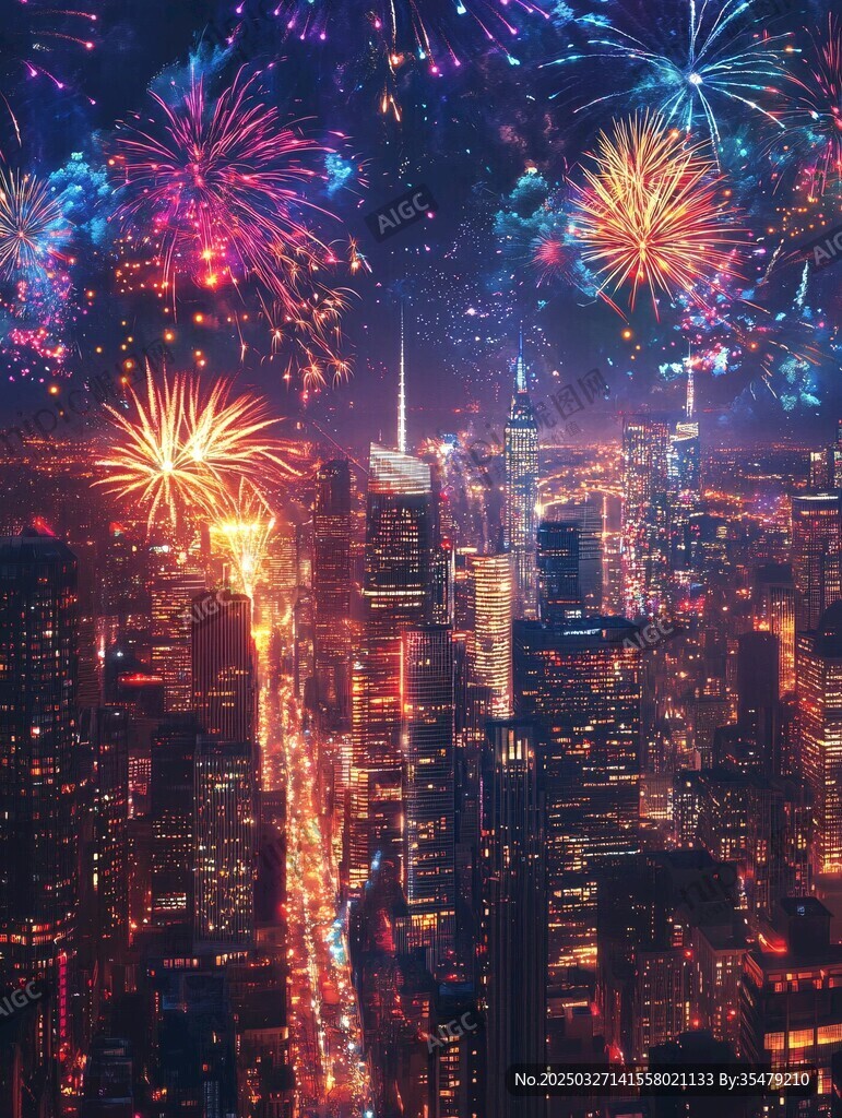 城市夜空中绚烂的烟花秀