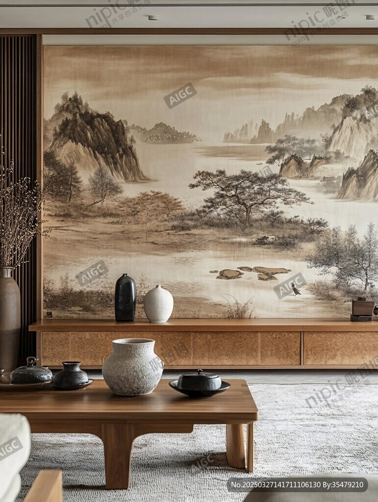 中式客厅山水壁画与茶具
