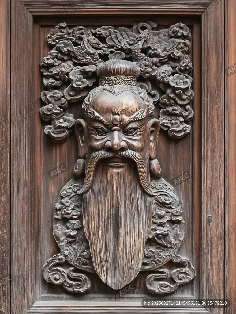 中式木雕门神头像