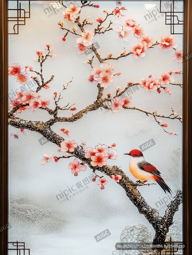 红梅栖鸟中式唯美图景